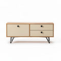 Houten tv-meubel met metalen poten en twee lades in beige 120 x 40 x 50cm