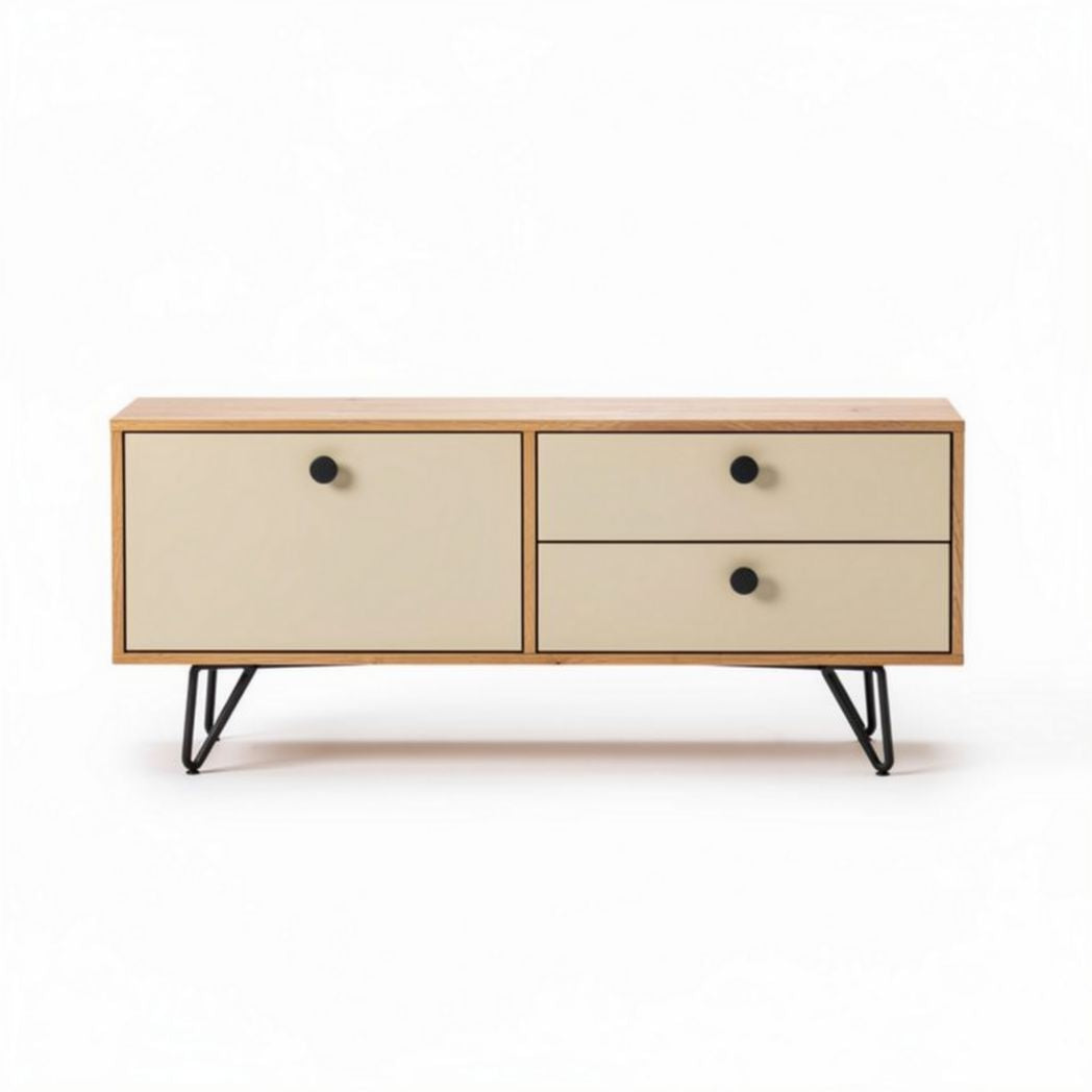 Houten tv-meubel met metalen poten en twee lades in beige 120 x 40 x 50cm