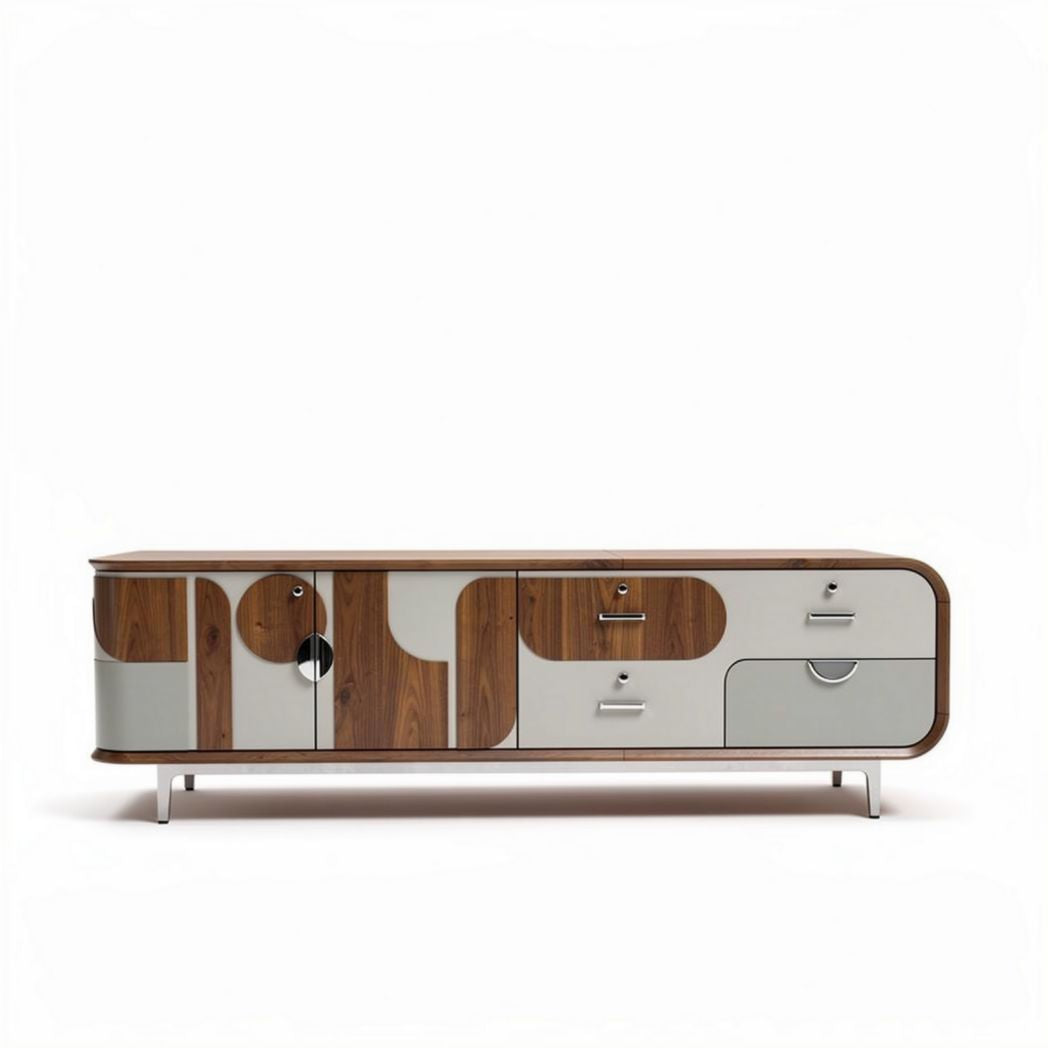 Houten tv-meubel met kleurrijke deuren en afmetingen 150 x 40 x 60cm