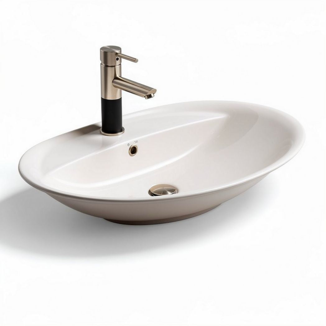 Wastafell oval keramiek met mengkraan en afvoer 50 x 35 x 15cm beige