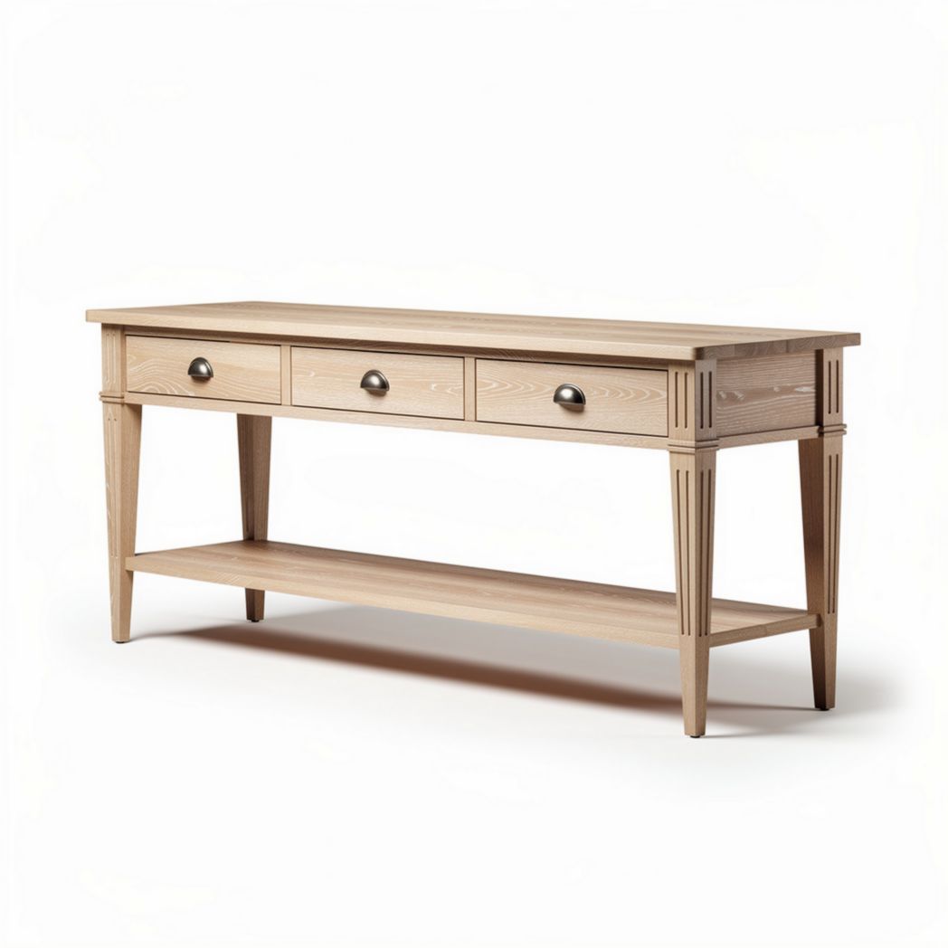 Eikenhouten console tafel met drie lades en open plank 150 x 40 x 75cm