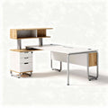 Bureau met opbergkast en lades van wit MDF en bamboe 150 x 75 x 75cm