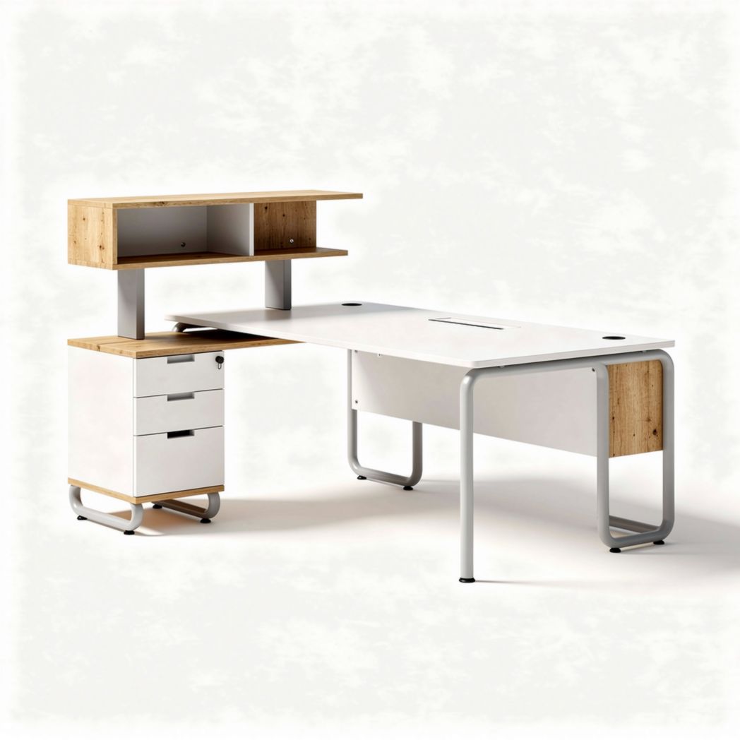 Bureau met opbergkast en lades van wit MDF en bamboe 150 x 75 x 75cm